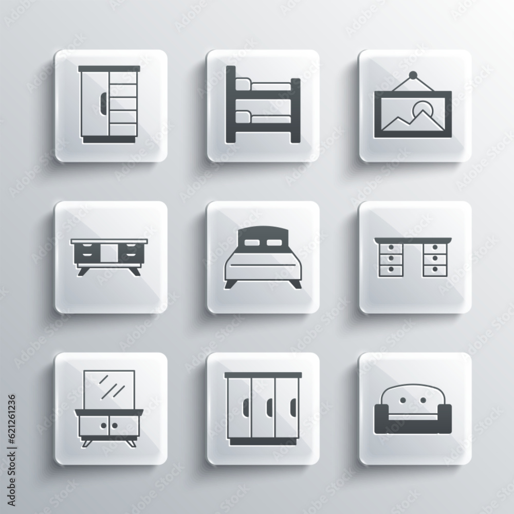 Set Wardrobe, Armchair, Office desk, Big bed, Dressing table, TV stand, and Picture icon. Vector Set Wardrobe, Armchair, Office desk, Big bed, Dressing table, TV stand, and Picture icon. Vector