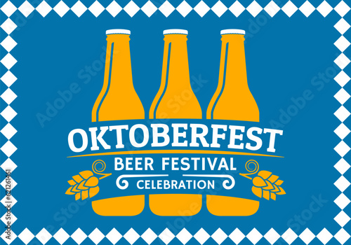 Oktoberfest logo or label with beer bottles. Bavarian festival vintage design. October fest emblem, poster or banner template. Traditional German, Munich fest retro badge. Vector illustration.