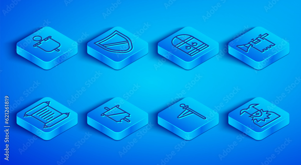 Set line Medieval flag, Shield, castle gate, Trumpet with, Decree, parchment, scroll and Joker head icon. Vector Set line Medieval flag, Shield, castle gate, Trumpet with, Decree, parchment, scroll and Joker head icon. Vector
