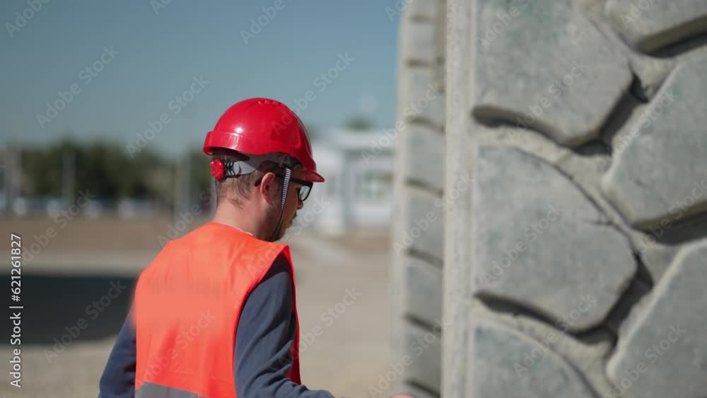 Engineer check dumper truck tire quality before daily start of ore transportation from open pit mine, slow motion Engineer check dumper truck tire quality before daily start of ore transportation from open pit mine, slow motion