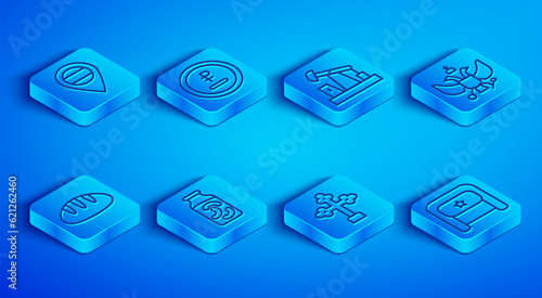 Set line Location Russia, Rouble, ruble currency, Oil pump or pump jack, Pickled cucumbers in jar, Christian cross, National emblem of, Bread loaf and Ushanka icon. Vector