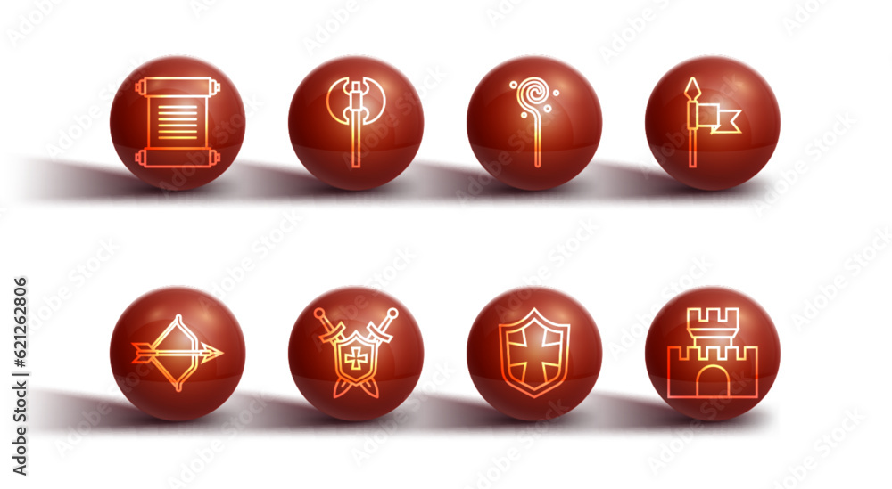 Set line Decree, parchment, scroll, Medieval bow and arrow, spear, Shield, shield with swords, axe, Castle, fortress and Magic staff icon. Vector Set line Decree, parchment, scroll, Medieval bow and arrow, spear, Shield, shield with swords, axe, Castle, fortress and Magic staff icon. Vector