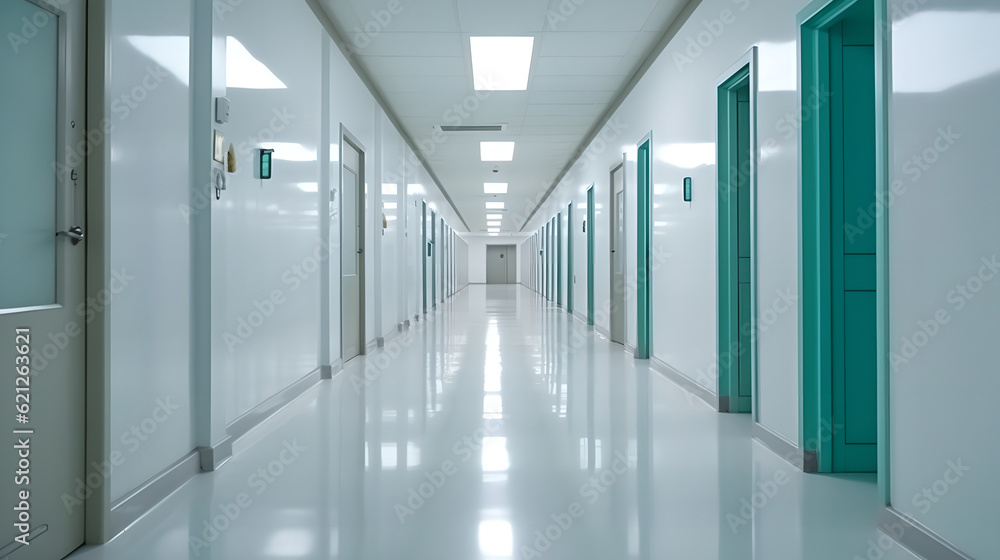 Long hospital corridor with rooms. image background of corridor in hospital or clinic Long hospital corridor with rooms. image background of corridor in hospital or clinic