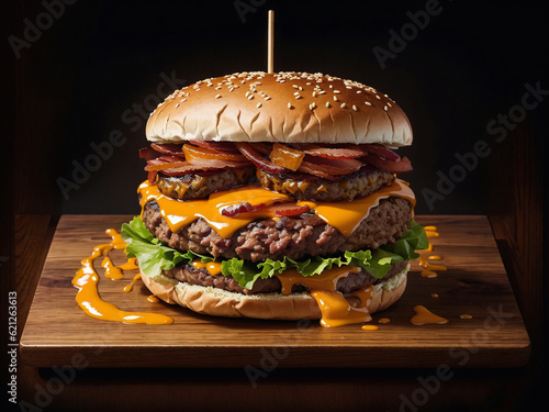 big burger on a wooden table. Digital painting illustration created with Generative AI technology.