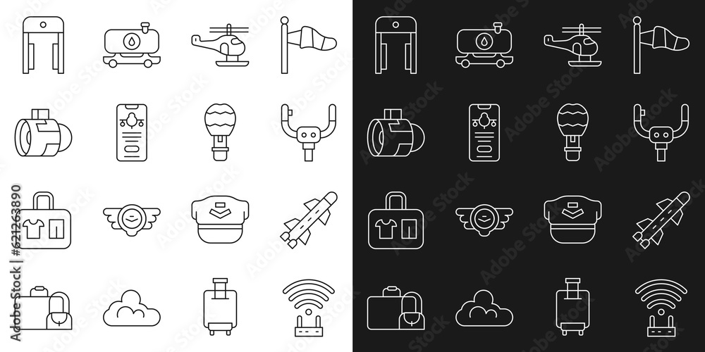 Set line Router and wi-fi signal, Rocket, Aircraft steering helm, Helicopter, Mobile with ticket, Jet engine turbine, Metal detector airport and Hot balloon icon. Vector