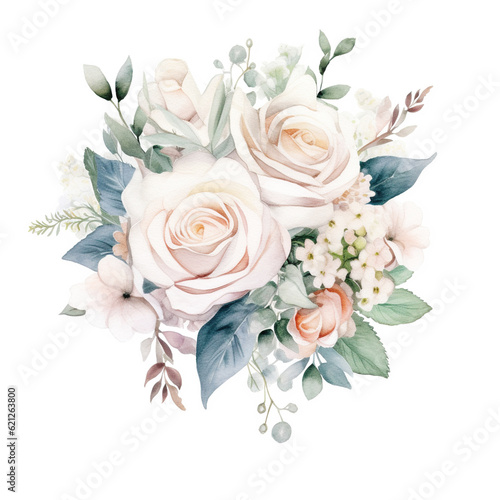 Bouquet of watercolor roses isolated on white background