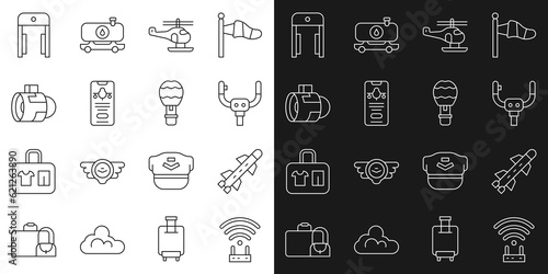 Set line Router and wi-fi signal, Rocket, Aircraft steering helm, Helicopter, Mobile with ticket, Jet engine turbine, Metal detector airport and Hot balloon icon. Vector