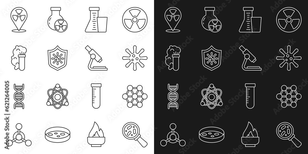 Set line Microorganisms under magnifier, Molecule, Bacteria, Test tube and flask, Shield protecting from virus, Chemical explosion, Radioactive location and Microscope icon. Vector