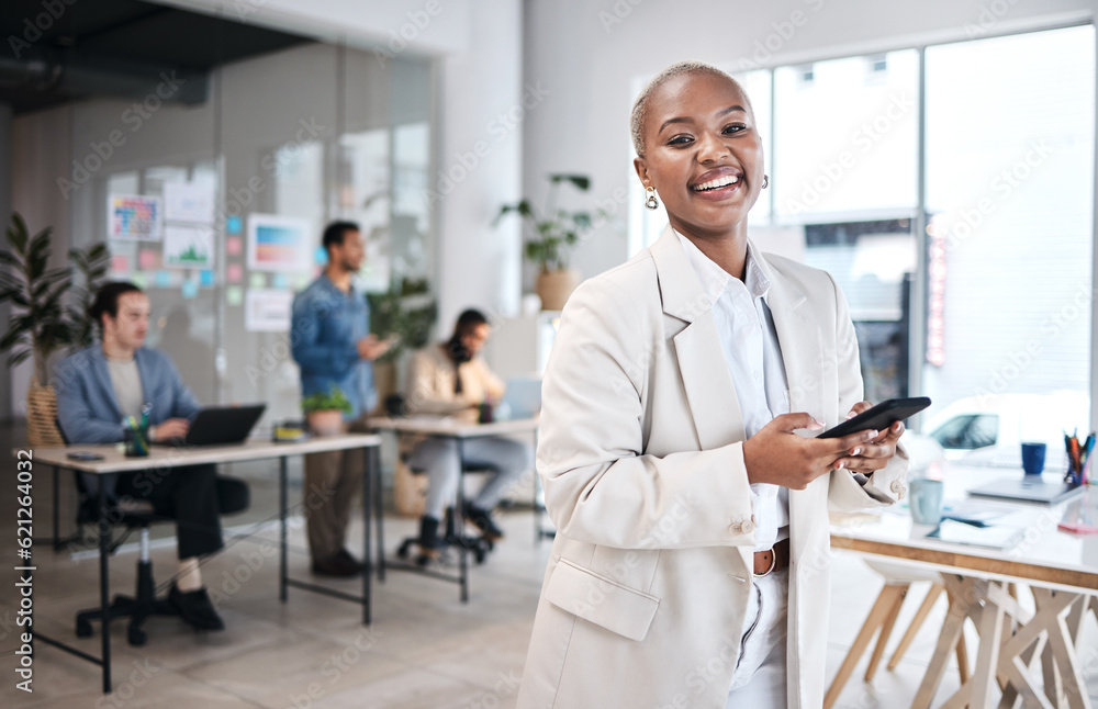 Phone, accountant and portrait of black woman, happy and smile in company, business workplace or coworking. Smartphone, face of auditor and excited African professional, entrepreneur or employee.