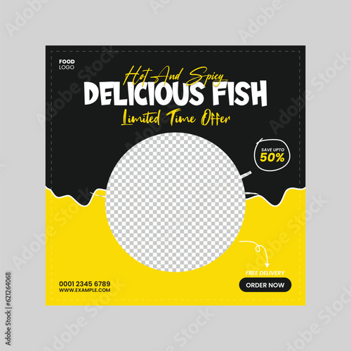 Hot and spicy delicious fried fish social media post template