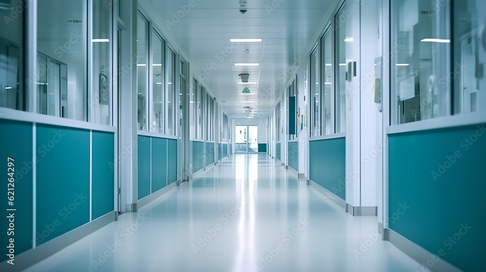 Obraz premium Long hospital corridor with rooms. image background of corridor in hospital or clinic