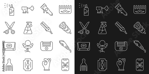 Set line Barber online service or platform, Electrical hair clipper, razor blade, Cream cosmetic tube, Scissors hairdresser, Spray can hairspray and Curling iron icon. Vector