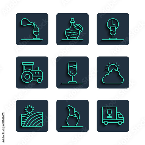 Set line Vineyard wine grapes, Decanter for, Wine truck, time, glass, Tractor, tasting, degustation and Sun and cloud weather icon. Vector
