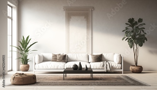 blank wall in boho style minimalist living room Ai generative