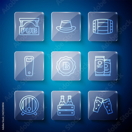 Set line Wooden barrel, Pack of beer bottles, Glass, Bottle cap with, opener, Street signboard Pub and Beer can icon. Vector