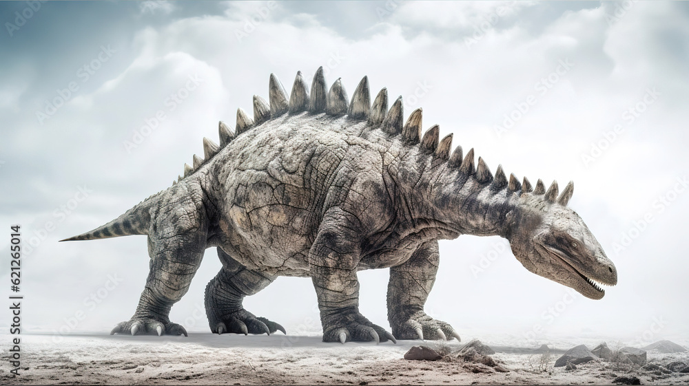 Fototapeta premium Stegosaurus in white fog, realistic and detailed dinosaur image, generative ai