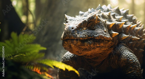 Ankylosaurus in the forest, realistic and detailed dinosaur image, cinematic style, generative ai photo