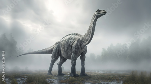 Barosaurus standing in white fog  realistic and detailed dinosaur image  generative ai