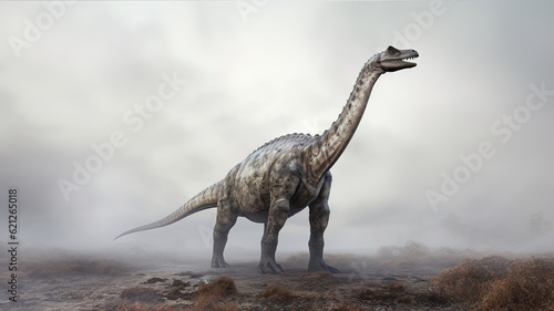 Barosaurus in white fog  realistic and detailed dinosaur image  generative ai