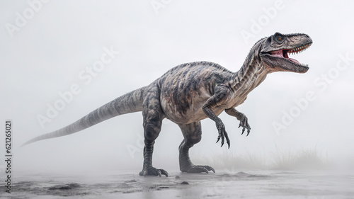 Velociraptor in white fog  realistic and detailed dinosaur image  generative ai