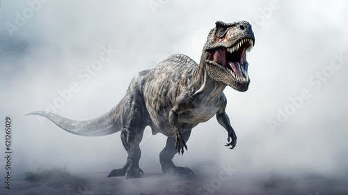 Tyrannosaurus rex in white fog, realistic and detailed dinosaur image, generative ai photo