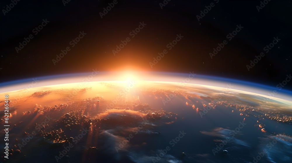 Sunrise over planet Earth, view from space. Concept on the theme of ecology, environment, Earth Day