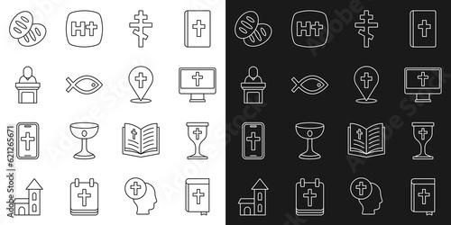 Set line Holy bible book, Christian chalice, cross on monitor, fish symbol, Church pastor preaching, bread and Location church building icon. Vector