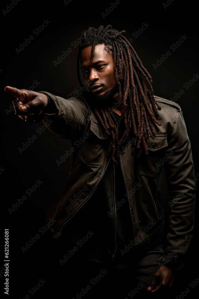 Generative AI illustration of portrait of African American man with dreadlocks pointing to camera Generative AI illustration of portrait of African American man with dreadlocks pointing to camera