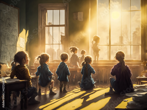Crowd in sunlit classroom with men, children, and architectural elements visible through window.
