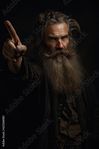 Generative AI illustration of Frontier style old Wild West precher man with long beard pointing to camera photo