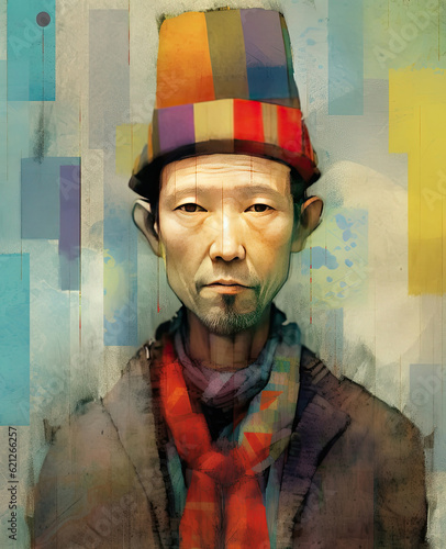 Generative AI illustration of abstract portrait of indiginous Asian man in brightly coloured hat photo