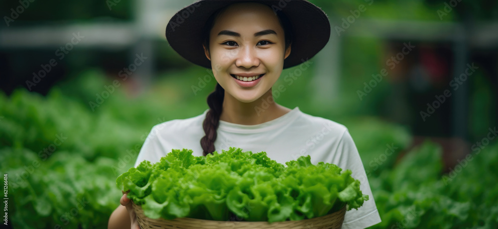Cheerful Asian Grower Proudly Displaying Hydroponic Salad Harvest. Generative AI