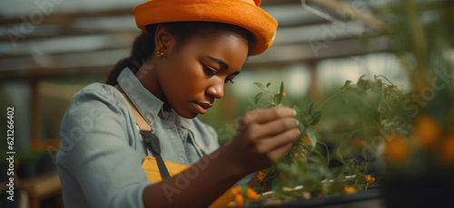 Obraz na plátně Vibrant African Female Horticulturist Caring for Nursery Plants