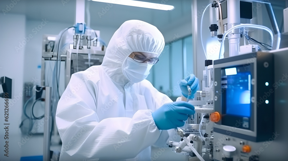 Man wearing protective gear opening tank at chemical plant. Lab equipment with blue liquid inside stand on the table with male scientist wearing protection suit Man wearing protective gear opening tank at chemical plant. Lab equipment with blue liquid inside stand on the table with male scientist wearing protection suit