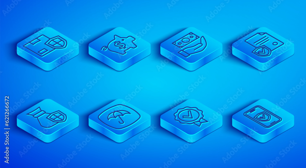 Set line Delivery security with shield, Piggy bank, Money, Umbrella, Approved and check mark, Contract, bag and Insurance online icon. Vector Set line Delivery security with shield, Piggy bank, Money, Umbrella, Approved and check mark, Contract, bag and Insurance online icon. Vector