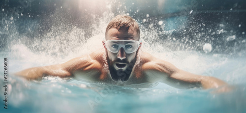 Triathlon fitness athlete training swimming in wave pool at gym health centre. Generative AI © AIproduction