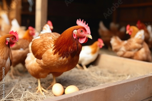 Productive hens at a bio farm. Generative AI