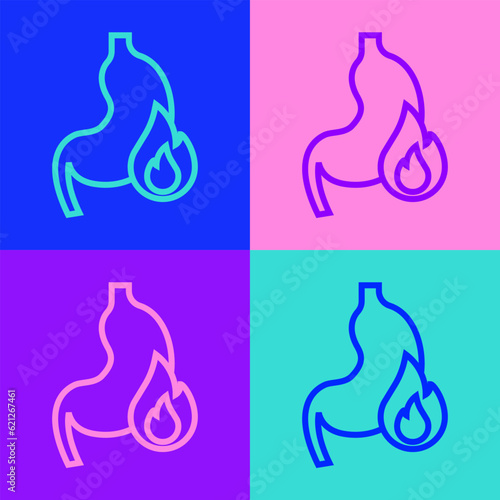 Pop art line Stomach heartburn icon isolated on color background. Stomach burn. Gastritis and acid reflux, indigestion and stomach pain problems. Vector