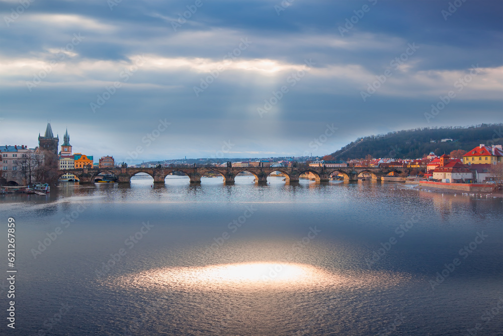 Prague Castle and Charles Bridge, Prague, Czech Republic,  in foreground  Vltava river