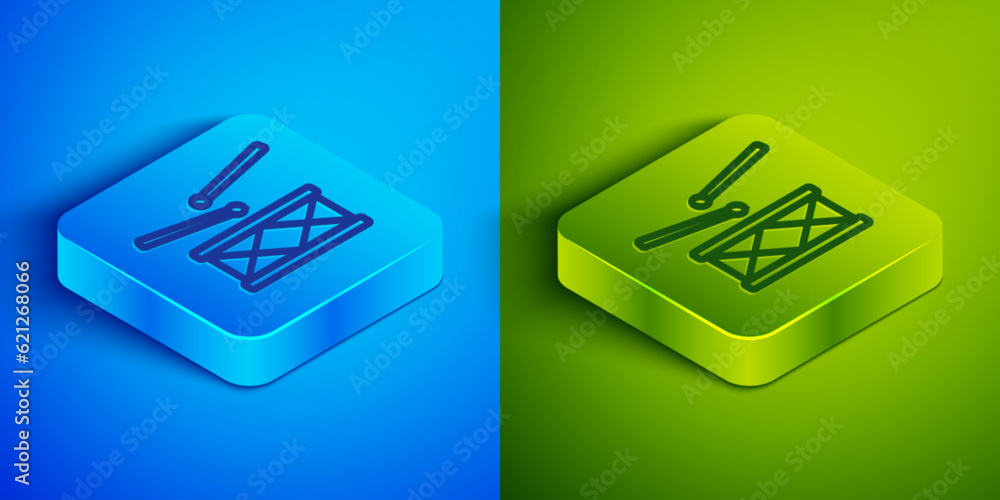 Isometric line Drum with drum sticks icon isolated on blue and green background. Music sign. Musical instrument symbol. Square button. Vector Isometric line Drum with drum sticks icon isolated on blue and green background. Music sign. Musical instrument symbol. Square button. Vector