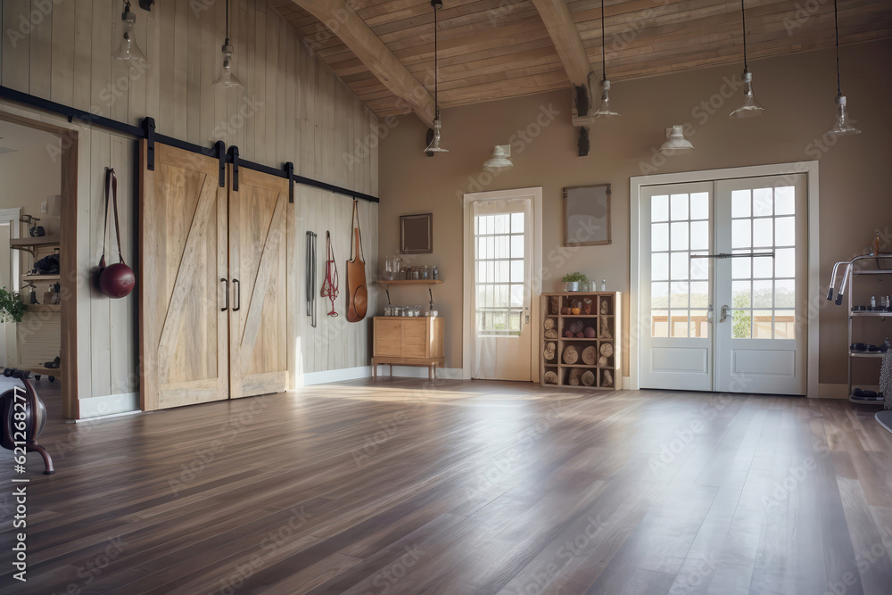 Farmhouseinspired Fitness Room With Barn Doors And Vintageinspired Equipment Modern Farmhouse Interior Design. Generative AI