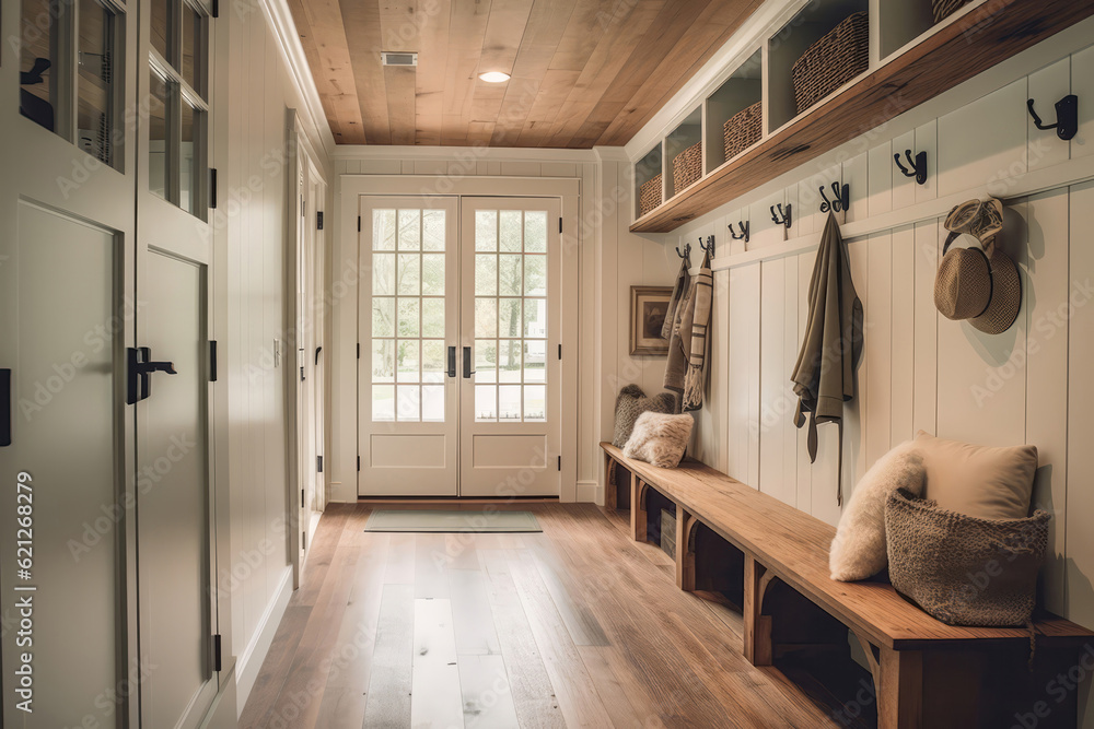 Farmhouseinspired Mudroom With Builtin Storage And Farmhouse Bench ...