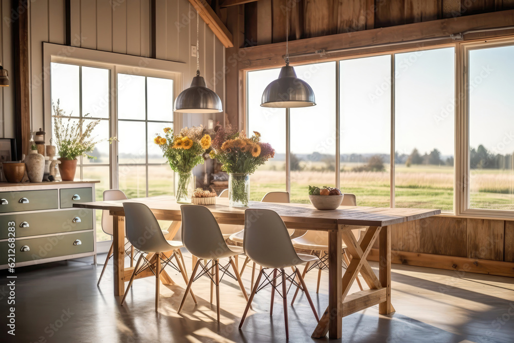 Farmhouseinspired Dining Area With Farmhouse Table And Mixandmatch Chairs Modern Farmhouse Interior Design. Generative AI