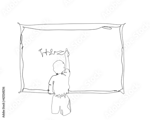 line art, a child is writing with chalk on the blackboard
