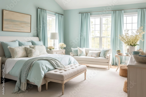 Coastal Bedroom With Breezy Color Palette And Seashell Accents Coastal Interior Design. Generative AI © Anastasiia
