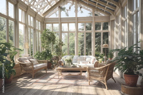 Classic Conservatory With Large Windows And Botanicalinspired Decor Traditional Interior Design. Generative AI © Anastasiia