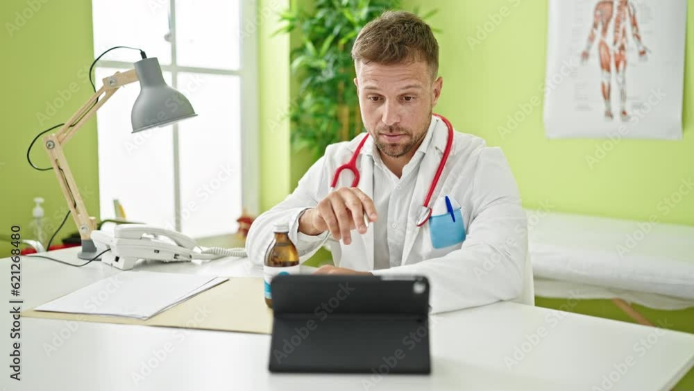 Young man doctor on video call holding medication bottle at clinic Young man doctor on video call holding medication bottle at clinic