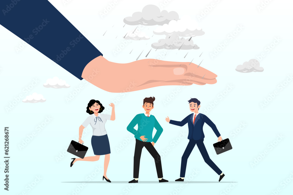 Giant businessman hand cover team member from rainstorm, employee care benefit, worker insurance or protection, boss or manager to protect team and colleagues, leader or boss to help employee (Vector) Giant businessman hand cover team member from rainstorm, employee care benefit, worker insurance or protection, boss or manager to protect team and colleagues, leader or boss to help employee (Vector)