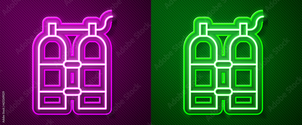 Glowing neon line Aqualung icon isolated on purple and green background. Oxygen tank for diver. Diving equipment. Extreme sport. Diving underwater equipment. Vector Glowing neon line Aqualung icon isolated on purple and green background. Oxygen tank for diver. Diving equipment. Extreme sport. Diving underwater equipment. Vector