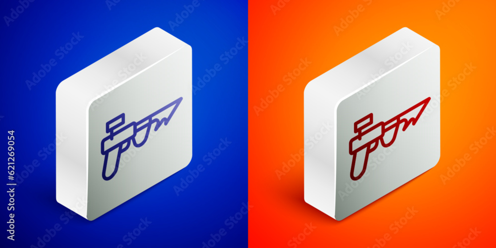 Isometric line Fishing harpoon icon isolated on blue and orange background. Fishery manufacturers for catching fish under water. Diving underwater equipment. Silver square button. Vector Isometric line Fishing harpoon icon isolated on blue and orange background. Fishery manufacturers for catching fish under water. Diving underwater equipment. Silver square button. Vector